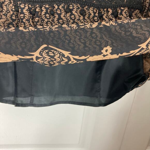 NANETTE LEPORE Blouse 10 Brown Silk Floral Crochet Pom Pom Long-Flare-Slv Lined - Picture 7 of 13
